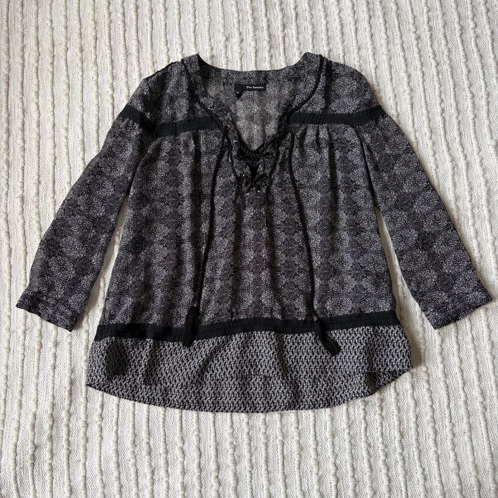 The Kooples Black and White Boho Printed Top With Tassels Size Medium